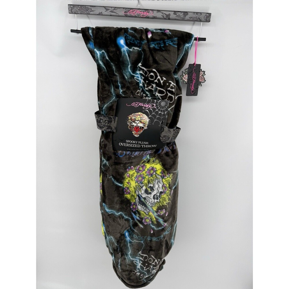 NEW Ed Hardy Spooky Plush Oversized Throw 60 x 70" Black Multi Halloween